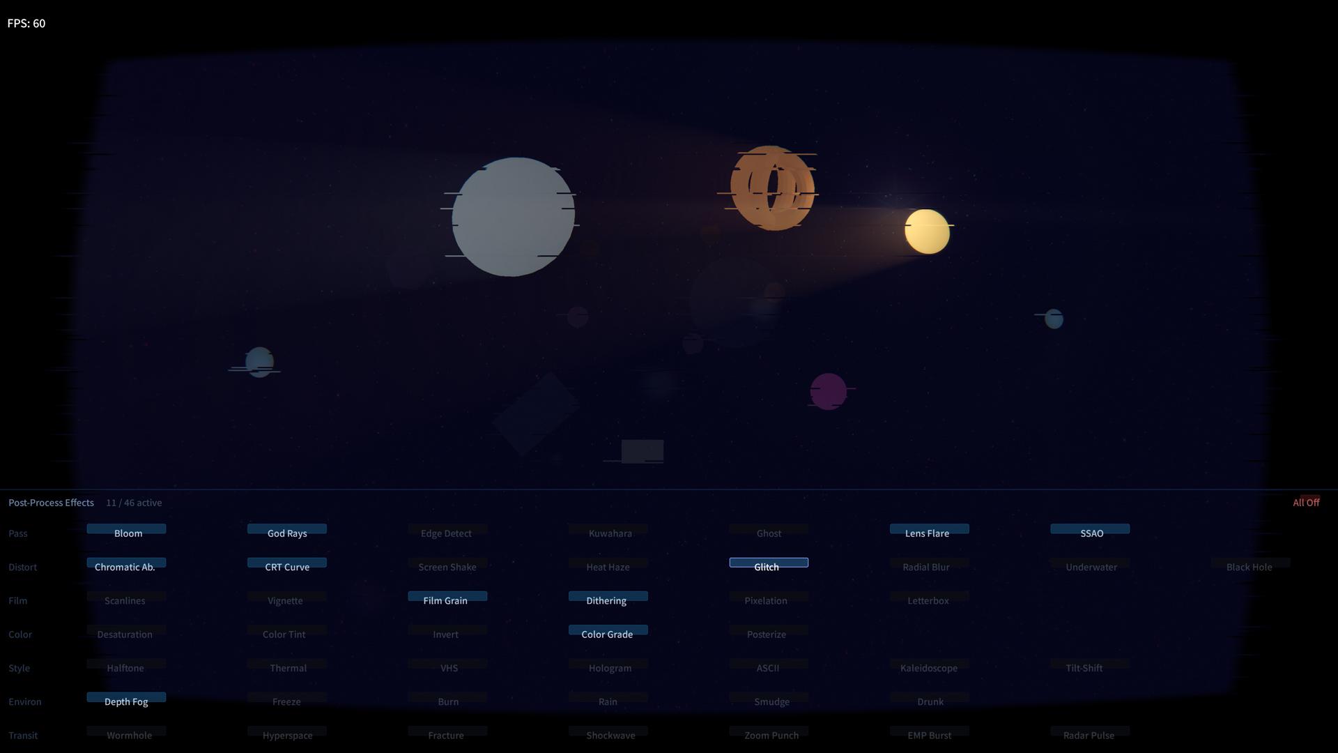 Post-processing effects overview including chromatic aberration, bloom, and god rays